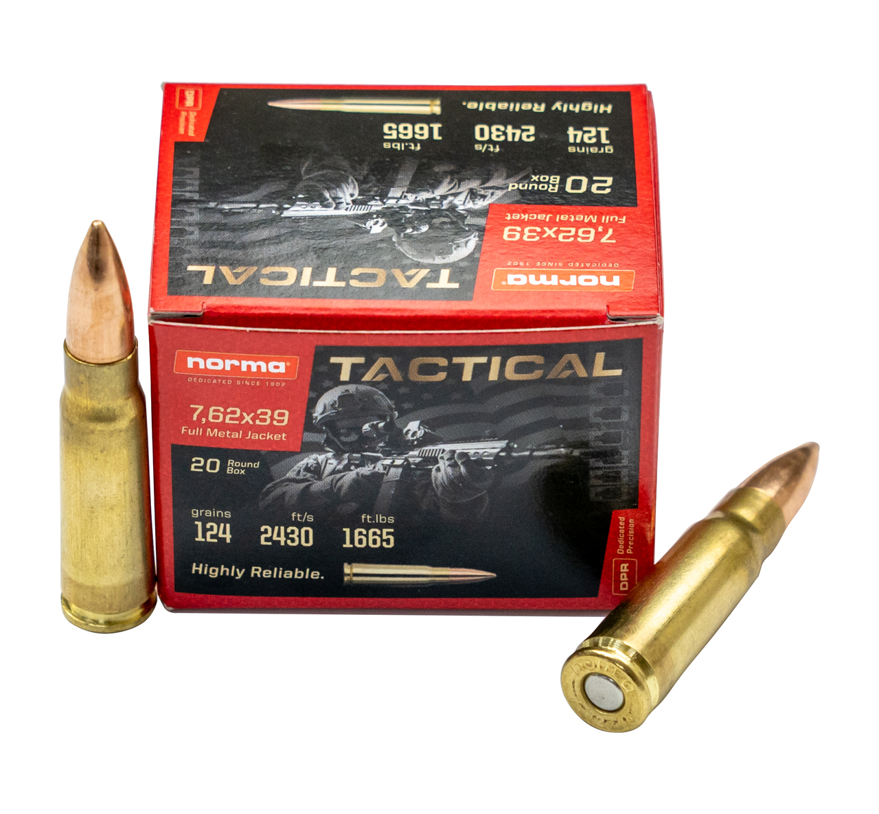 Norma Tactical 7.62x39 124gr. FMJ Brass Ammunition (100 Rounds Bulk Pack)